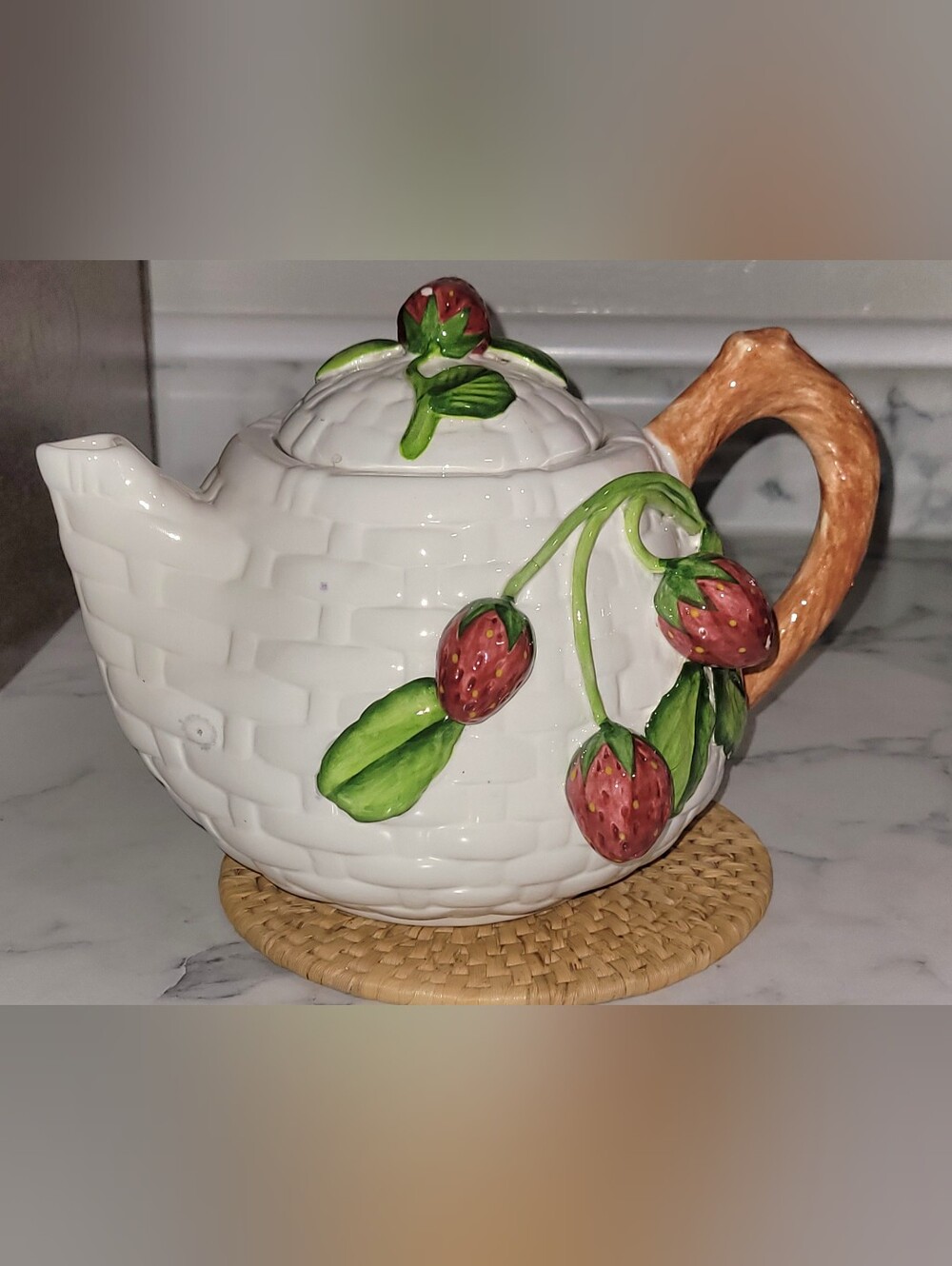 White Ceramic Strawberry Teapot with Brown Handle Whimsical Unique Pot With Lid